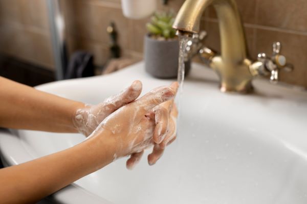 Pessoa lavando as mãos cuidadosamente, para evitar doenças oculares próprias da primavera.
