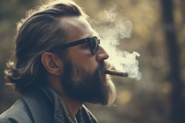 Fumar é outro fator de risco para desenvolver catarata ocular. Homem maduro fumando.