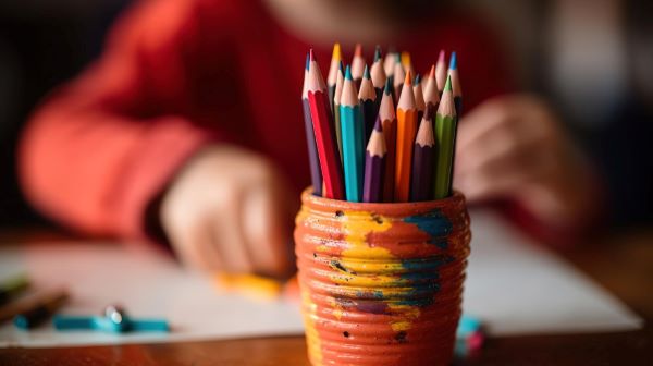 Criança realizando atividades com lápis de cor.