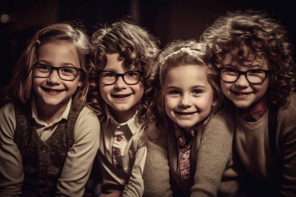 Grupo de crianças pequenas usando óculos de grau e sorrindo para a câmara fotográfica.